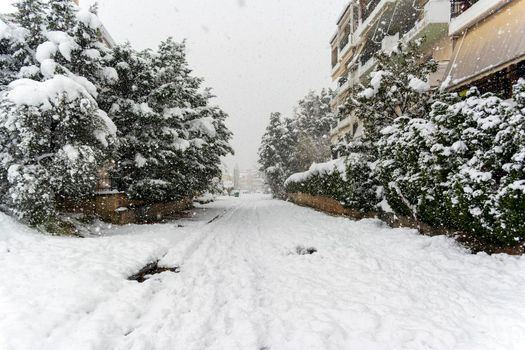 ATHENS, GREECE - February 16 2021: Cars totally covered with snow in Vrilissia district, during snow storm in Athens city, capital of Greece, Europe