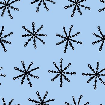 Seamless Pattern with Black Snowflakes on Light Blue Background. Abstract Hand-Drawn Doodle Snowflakes.