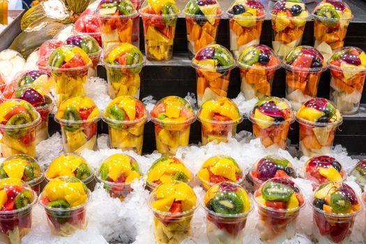 A variety of fruit salads at a market in Barcelona, Spain