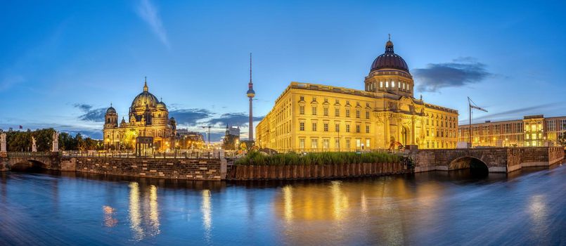 Panorama of the Berlin Cathedral, the TV Tower and the reconstructed City Palace at dawn