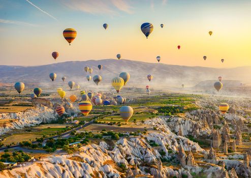 Hot air balloons flying over Cappadocia, Turkey