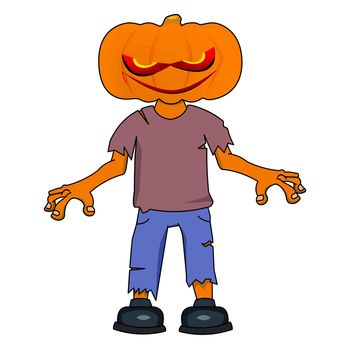 A scary walking Halloween pumpkin wearing torn up clothes.