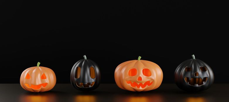 Black pumpkin and orange ghost faces is scary of happy Halloween day concept on stand podium on black background, Minimal design, 3D rendering illustration