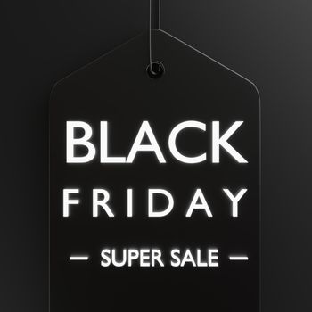 Black Friday Sale tag and the rope hanging,  Black Friday design creative present template with copy space on black background, 3D rendering illustration for advertising