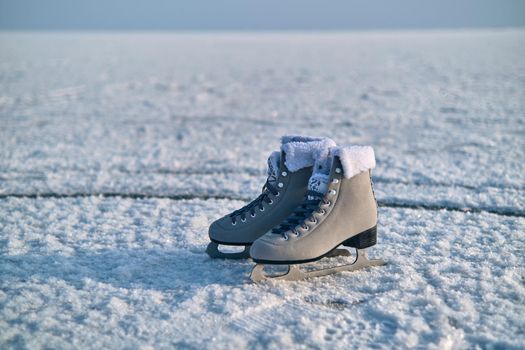 A pair of female figure skates stay on the ice