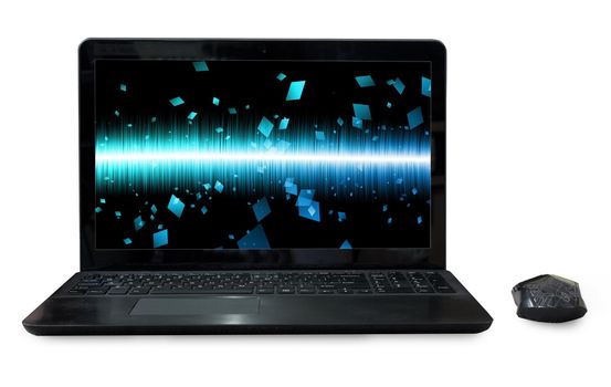 Black Labtop with mouse bluetooth isolated white background.