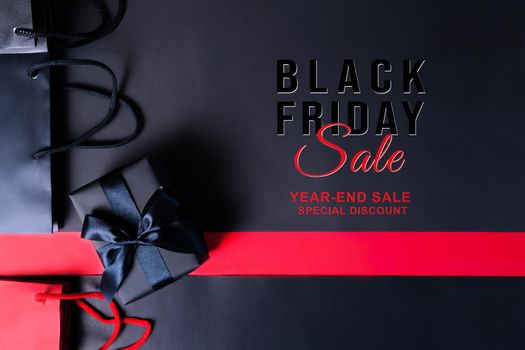 Black Friday sale, black gift box and shopping bag for online shopping