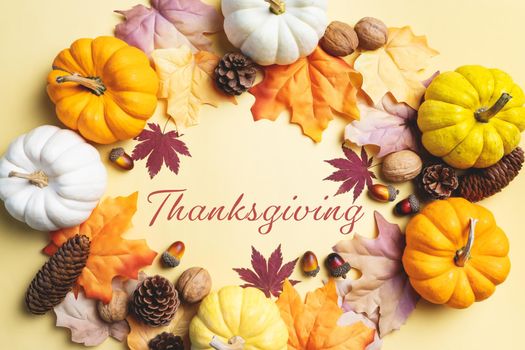 Happy Thanksgiving Day with pumpkin and nut on yellow background