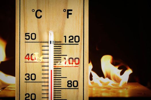 Close-up wooden thermometer scale isolated white background.