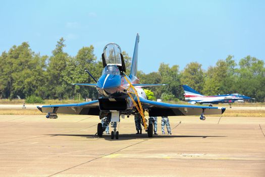 Nakhonratchasima, THAILAND November 27, 2015 : F16 Gripen and August 1st Aerobatic team" engaged in acrobatics.