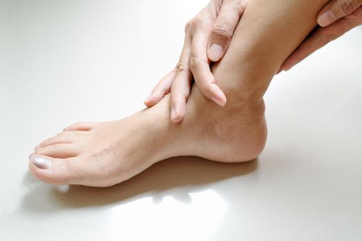 women leg ankle injury/painful, women touch the pain ankle leg