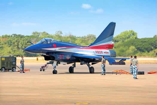 Nakhonratchasima, THAILAND November 27, 2015 : F16 Gripen and August 1st Aerobatic team" engaged in acrobatics.