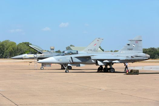 Nakhonratchasima, THAILAND November 27, 2015 : F16 Gripen and August 1st Aerobatic team" engaged in acrobatics.