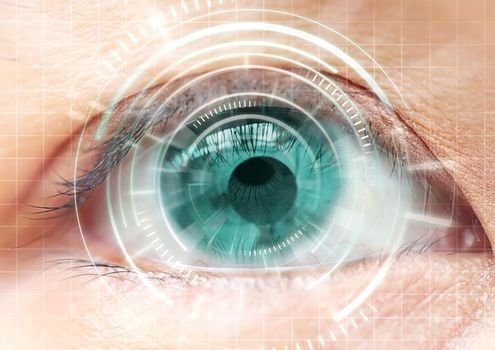 Women eye cataract, contact lens, futuristic, digital, technology.
