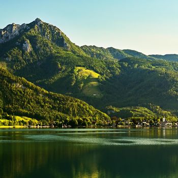Wolfgangsee lake in summer. Beautiful Austrian landscape with lake and mountains in the Alps.