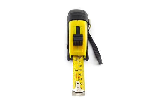 Yellow tape measure or steel tape isolated white background.