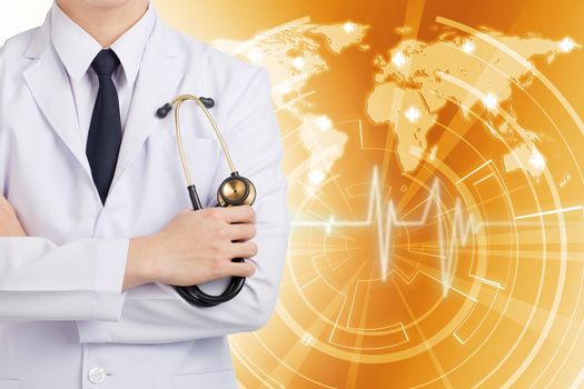 Doctor man posting and holding stethoscope on global network gold background.