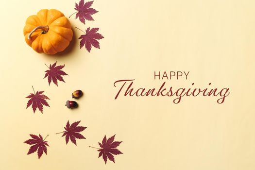 Happy Thanksgiving Day with pumpkin and nut on yellow background