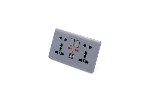 Universal wall outlet AC power plug with USB 5.0V DC output socket isolated on white background.