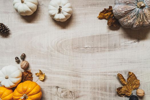 Happy Thanksgiving Day with pumpkin and nut on wooden table