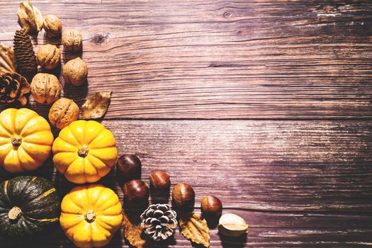 Happy Thanksgiving Day with pumpkin and nut on wooden table