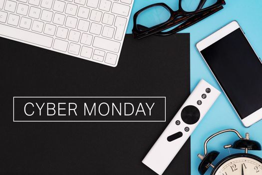 Cyber Monday Sale, electronic device on black and blue background