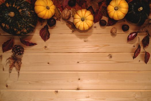 Happy Thanksgiving Day with pumpkin and nut on wooden background