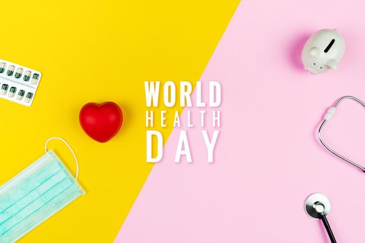 World health day concept Healthcare medical insurance with red heart, stethoscope, mask and medicine