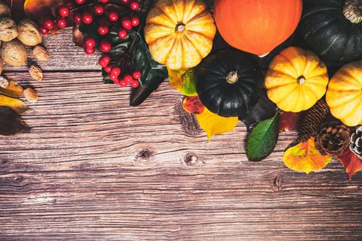 Happy Thanksgiving Day with pumpkin and nut on wooden table