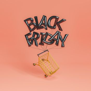 dark black friday balloons with a golden shopping cart hanging. 3d rendering