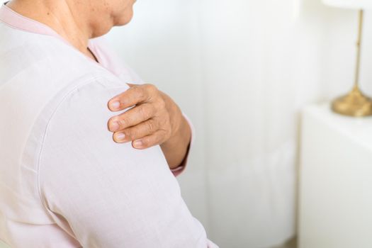 neck and shoulder pain of old woman, healthcare problem of senior concept