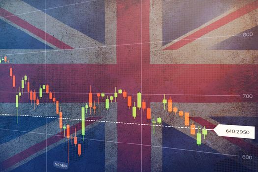 Virtual financial graph on flag of Germany. Forex and investment concept. Multiexposure. Graph falling down over Germany flag. Crisis concept