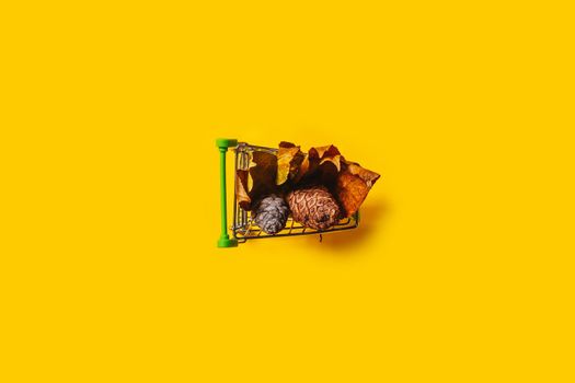 Autumn shopping concept - shopping cart and fall leaves and pine cones on yellow background