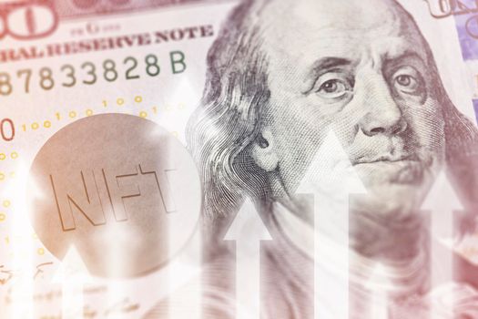 NFT on on us dollar. Close-up. Rise of NFT technology. Rolling out new NFT technology. Monetizing art with new digital NFT currency
