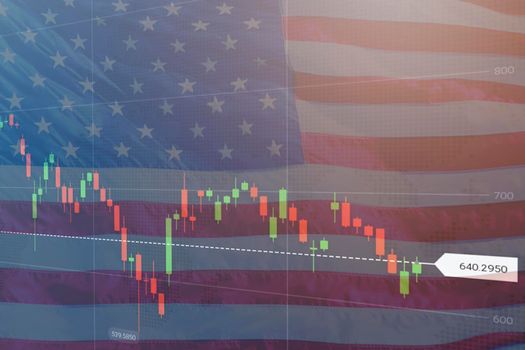 Virtual financial graph on flag of Germany. Forex and investment concept. Multiexposure. Graph falling down over Germany flag. Crisis concept