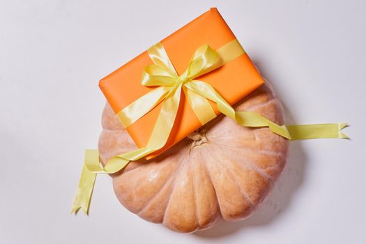 Orange gift box and pumpkin on white. Thanksgiving Day gift and freshly harvested pumpkin on white background