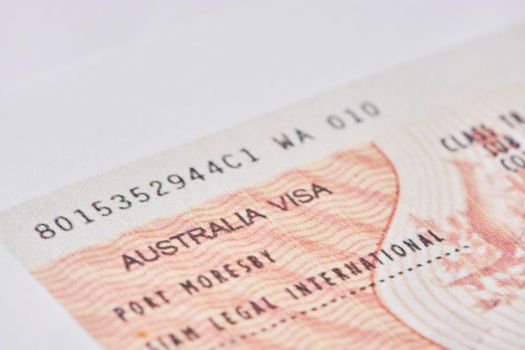 Tashkent, Uzbekistan - 13 August, 2021: Macro shot of Australian visa. Close-up australian resident immigration visa in passport