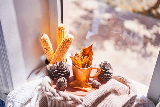 Corns, autumn leaves, pine cones and coffee cup on windowsill. Creative autumnal background near the windows in a sunny autumn day