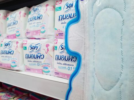 Bangkok, Thailand - August 11, 2018 : Many types of sanitary napkin for menstruation for sale in supermarket open daily