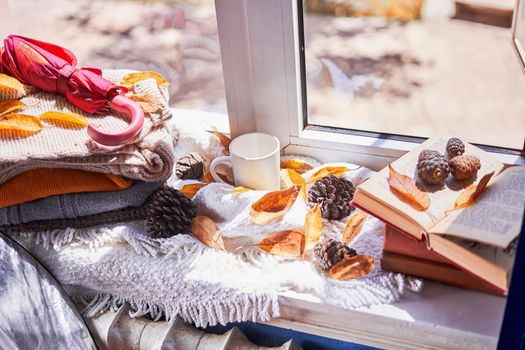 Bright autumn background with books and coffee mug. Reading a book in a sunny autumnal day on the windowsill. Spending cold weekends in cozy home