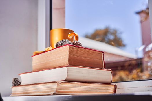 Bright autumn background with books and coffee mug. Reading a book in a sunny autumnal day on the windowsill. Spending cold weekends in cozy home