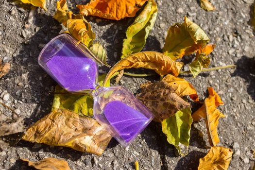 Hourglass lies on the asphalt in the park among dry leaves, symbolizing the arrival of autumn time