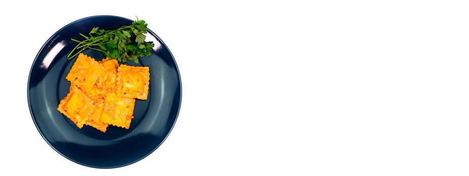 banner of a blue plate with fish ravioli on a white background