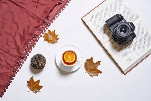 Autumnal background with fall leaves, book, herbal tea and dslr photo camera