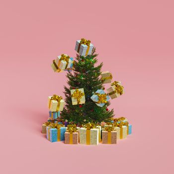 Christmas tree with a spiral of gifts floating around it and more presents underneath. 3d rendering