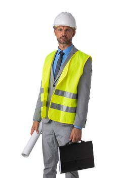 A view of mid adult construction worker wearing helmet and holding blueprints isolated on white background