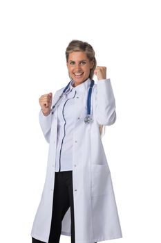 Portrait of doctor woman holding fist success sign isolated on white background