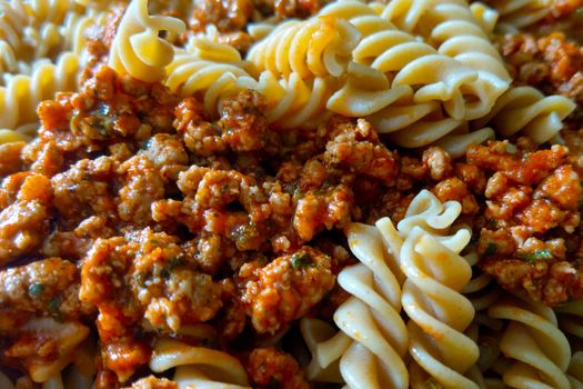 Close-up on a plate of pasta and meat