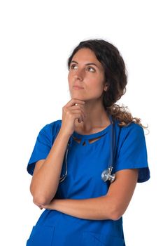 Young doctor surgeon woman over isolated white background with hand on chin thinking about question, pensive expression. Doubt concept.