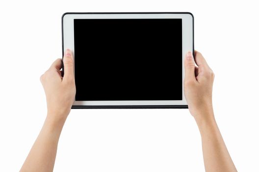 Hands holding tablet horizontal on white background. clipping path